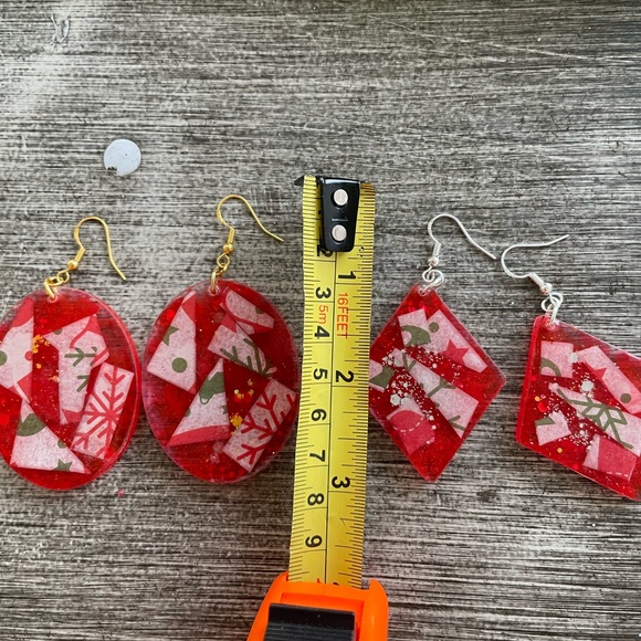 XMAS Handmade Festive Large Holiday Earrings Red Oval - Picture 6 of 9